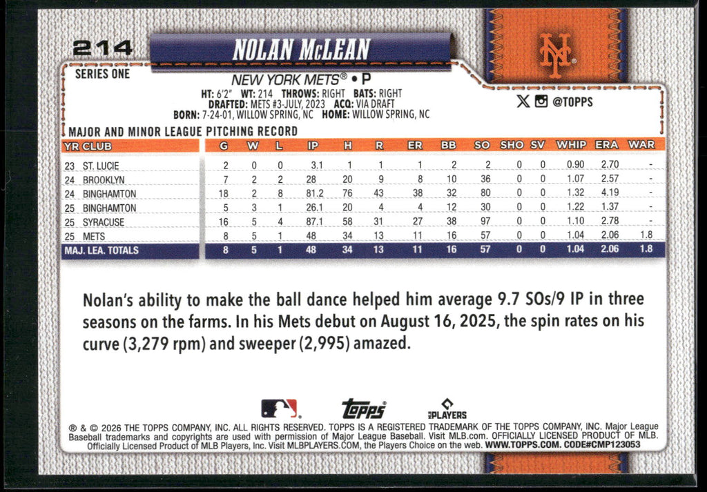 2026 Topps #214 Nolan McLean