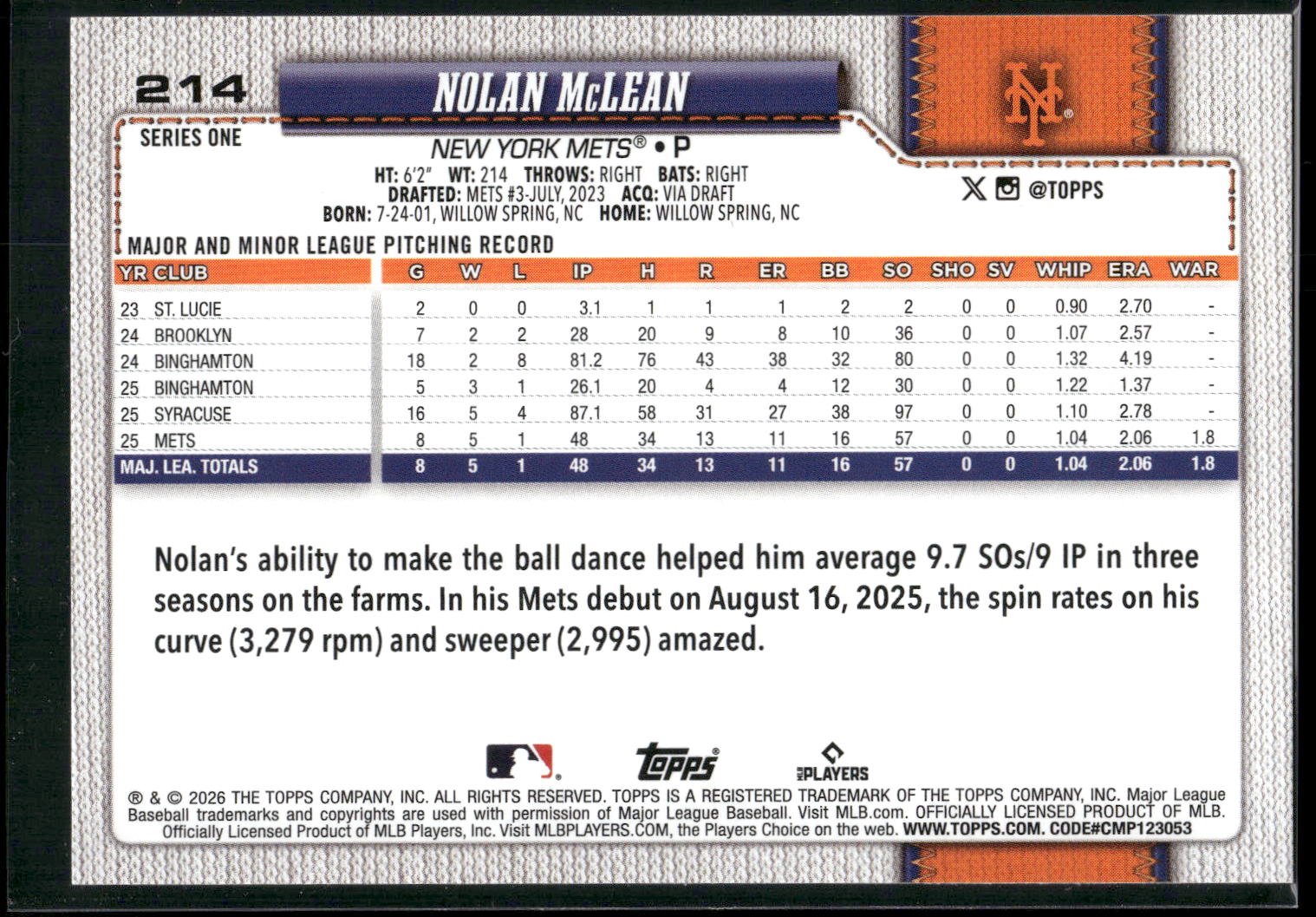 2026 Topps #214 Nolan McLean