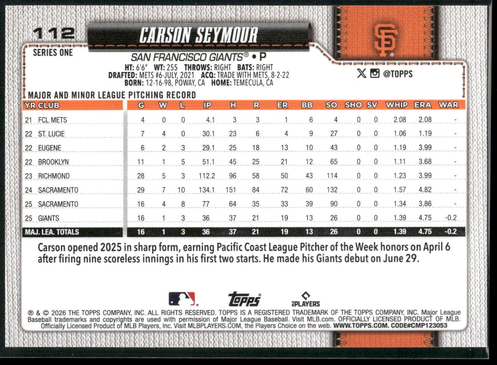 2026 Topps #112 Carson Seymour
