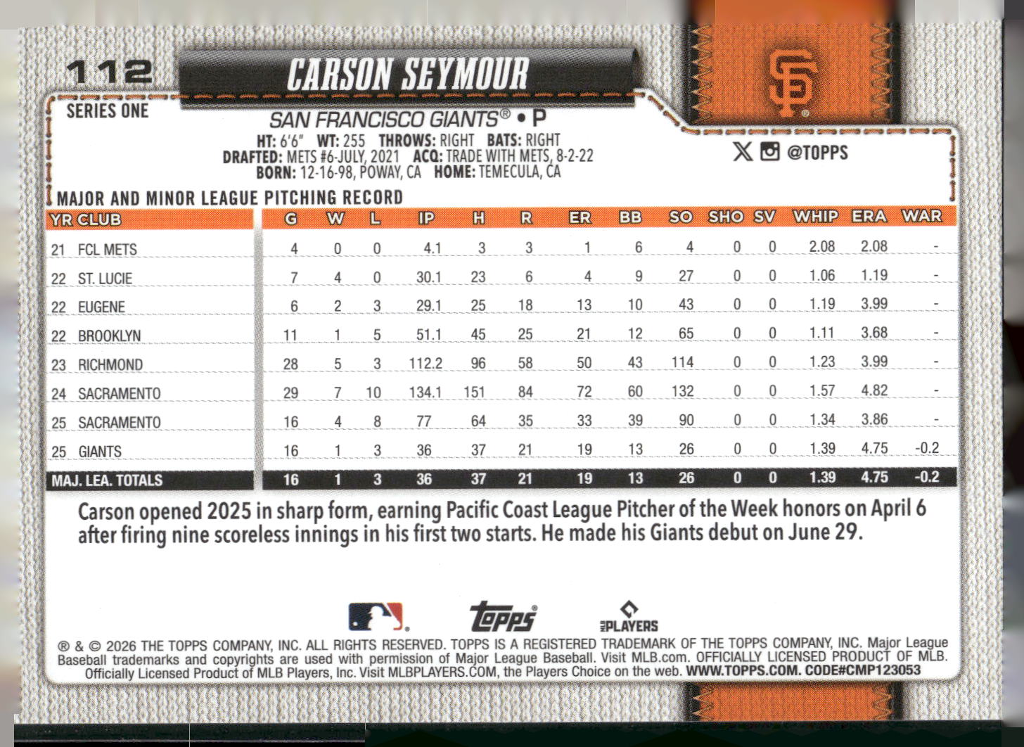2026 Topps #112 Carson Seymour