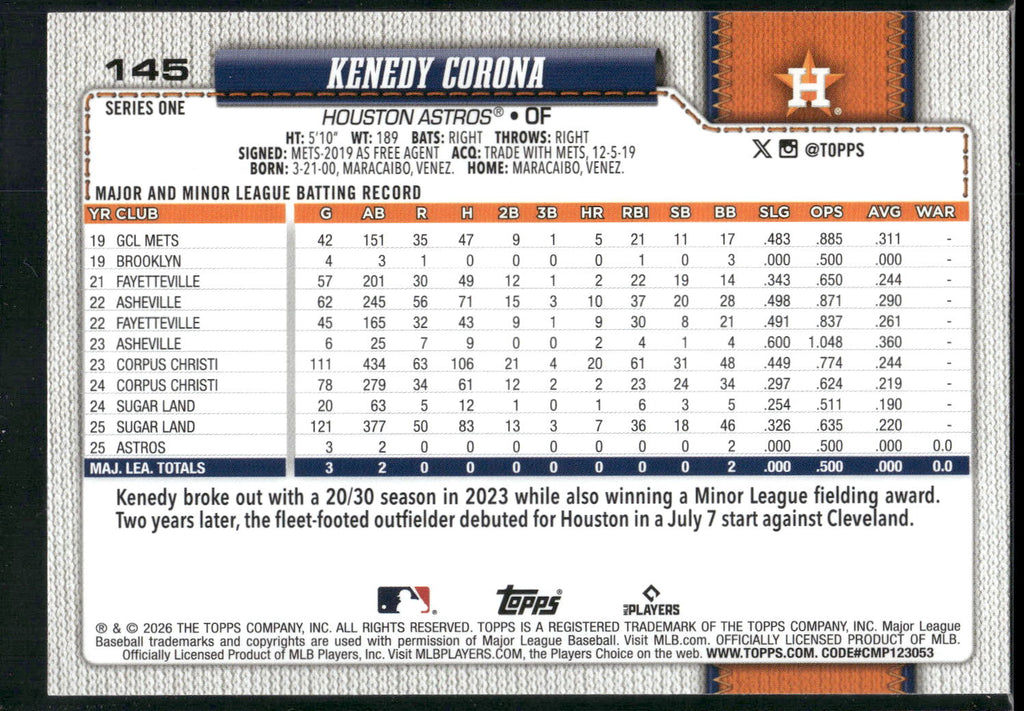 2026 Topps #145 Kenedy Corona