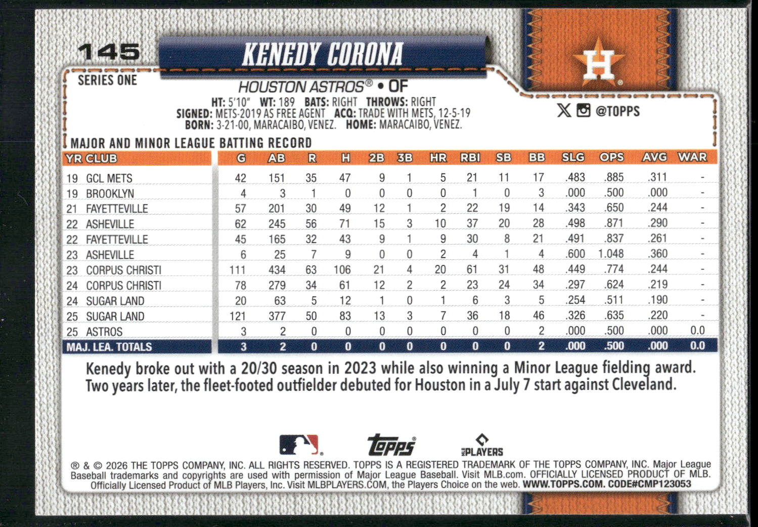 2026 Topps #145 Kenedy Corona