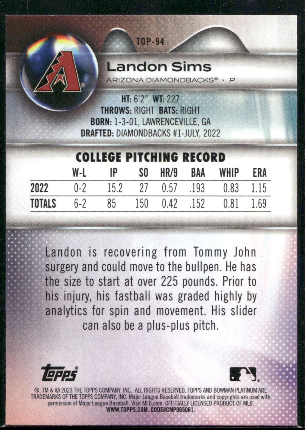 2023 Bowman Platinum #TOP-94 Landon Sims Top Prospects Ice Foil
