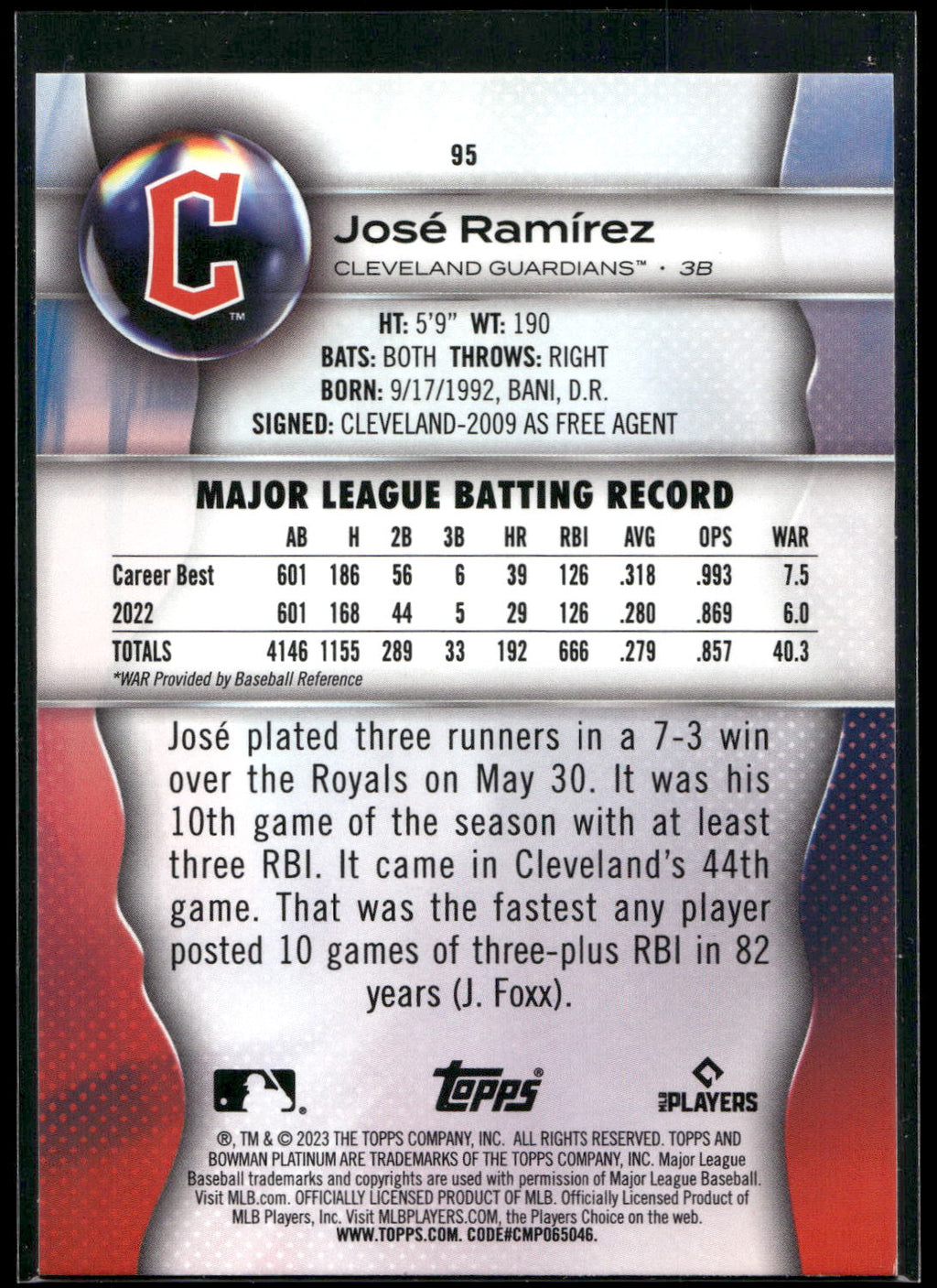 2023 Bowman Platinum #95 José Ramírez Ice Foil