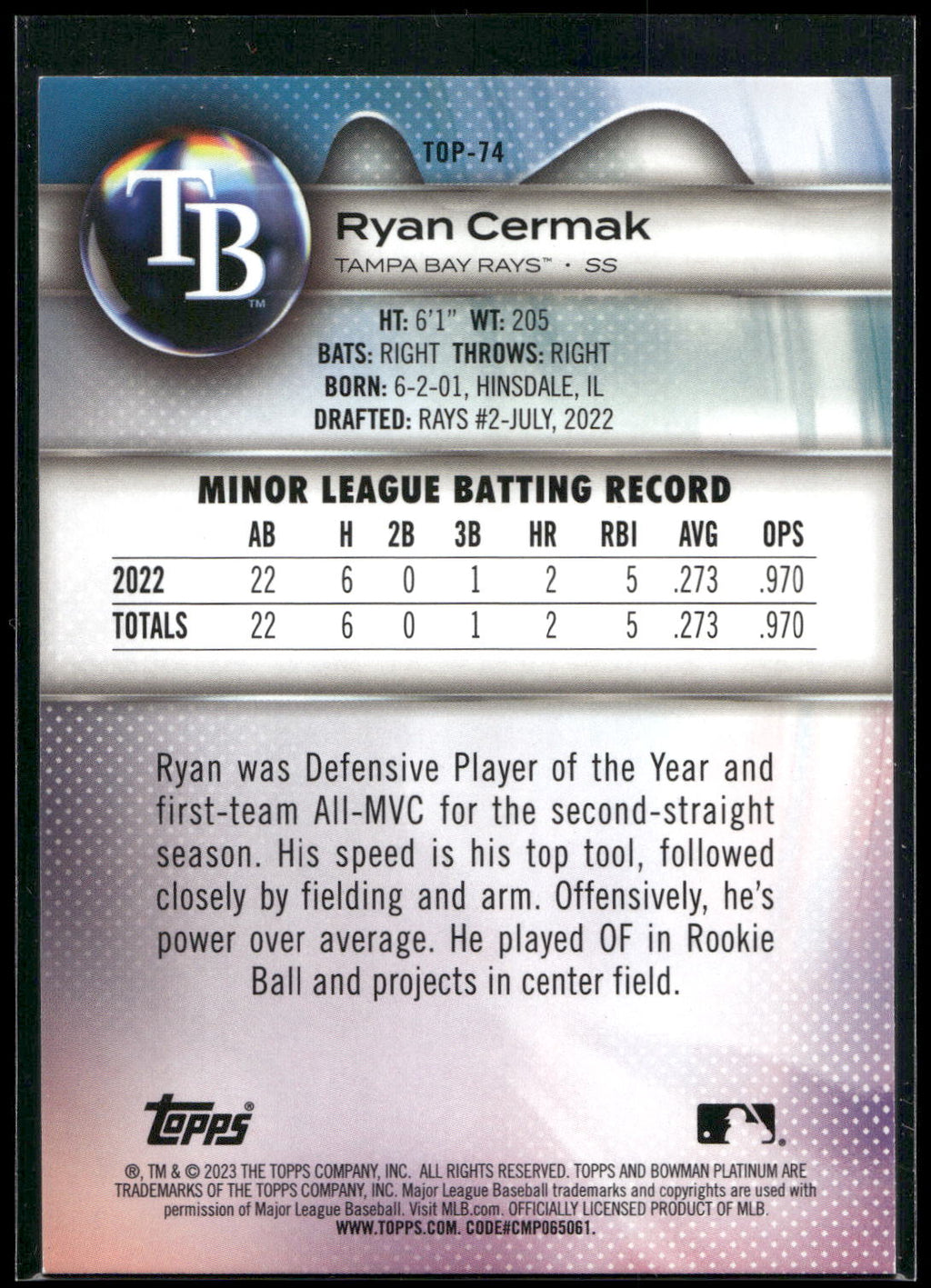 2023 Bowman Platinum #TOP-74 Ryan Cermak Top Prospects Ice Foil