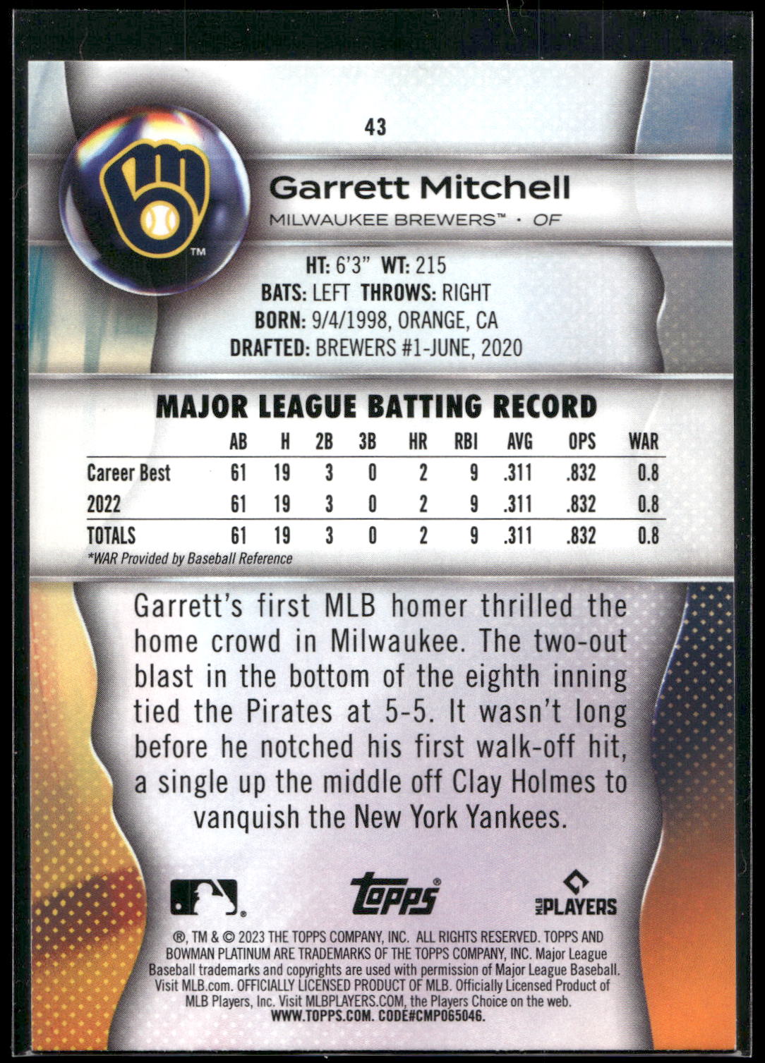 2023 Bowman Platinum #43 Garrett Mitchell Ice Foil