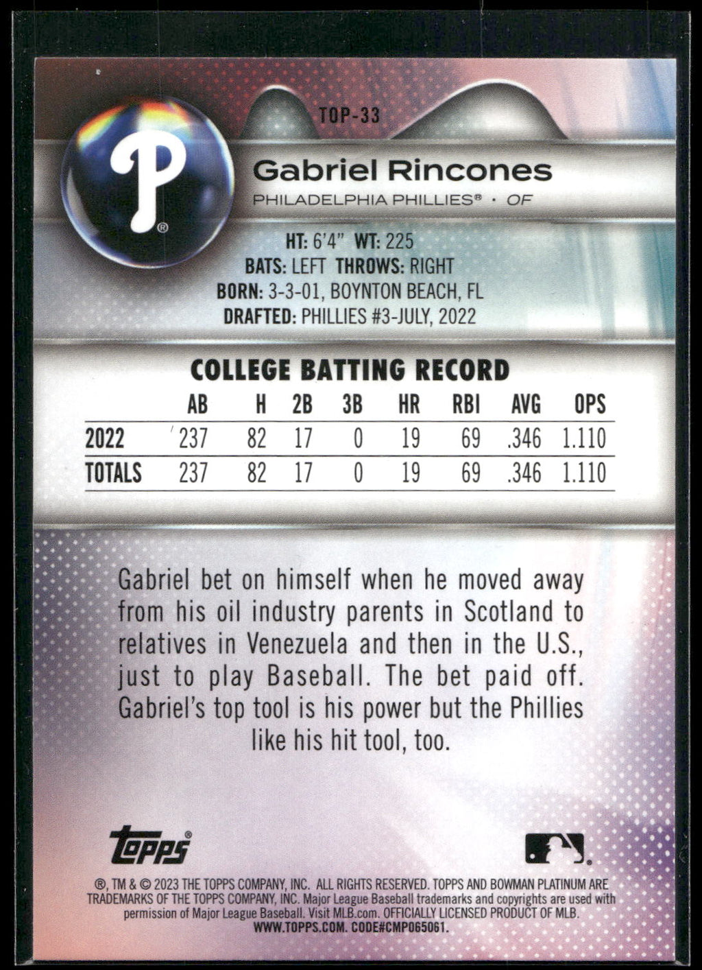 2023 Bowman Platinum #TOP-33 Gabriel Rincones Top Prospects Ice Foil