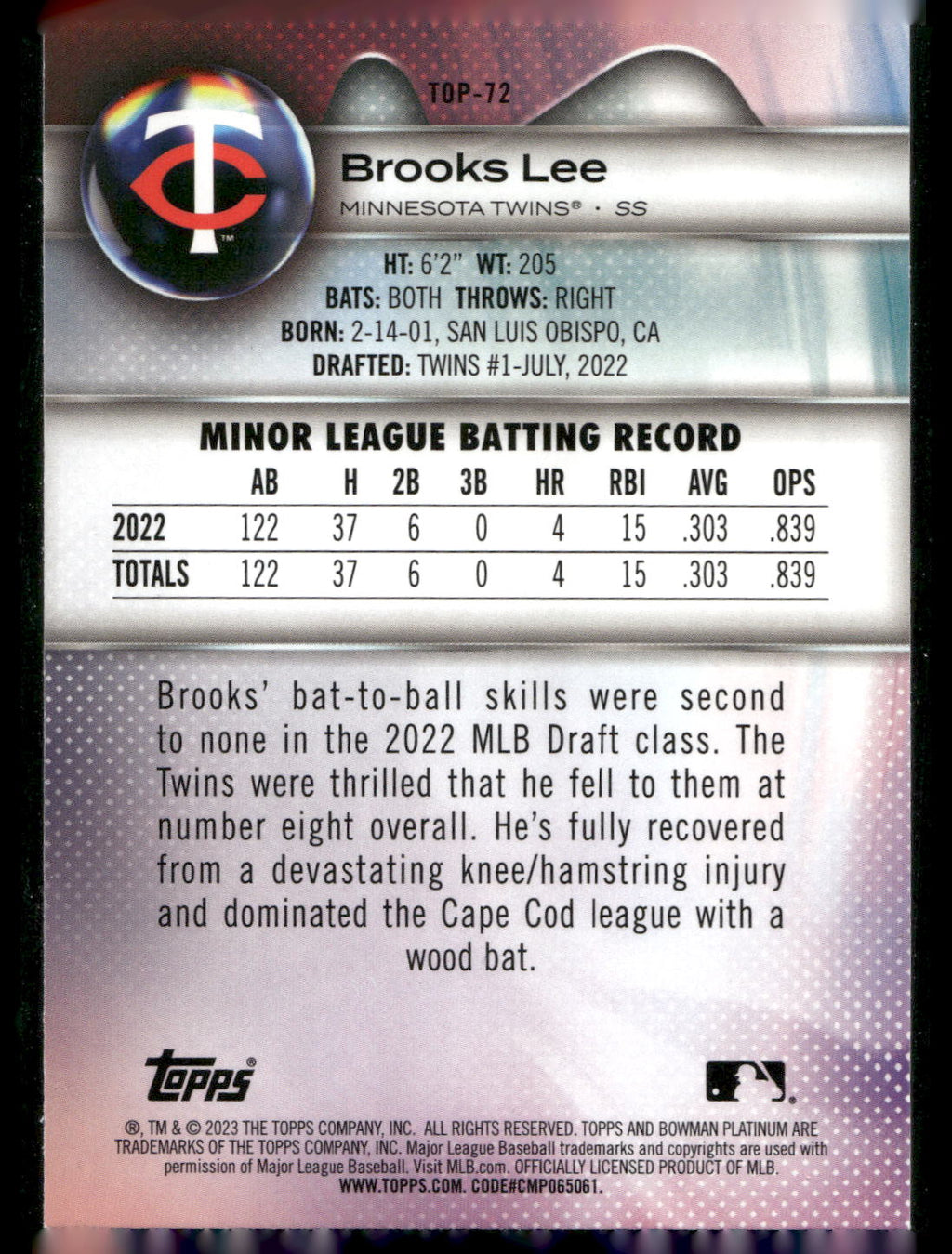 2023 Bowman Platinum #TOP-72 Brooks Lee Top Prospects Ice Foil
