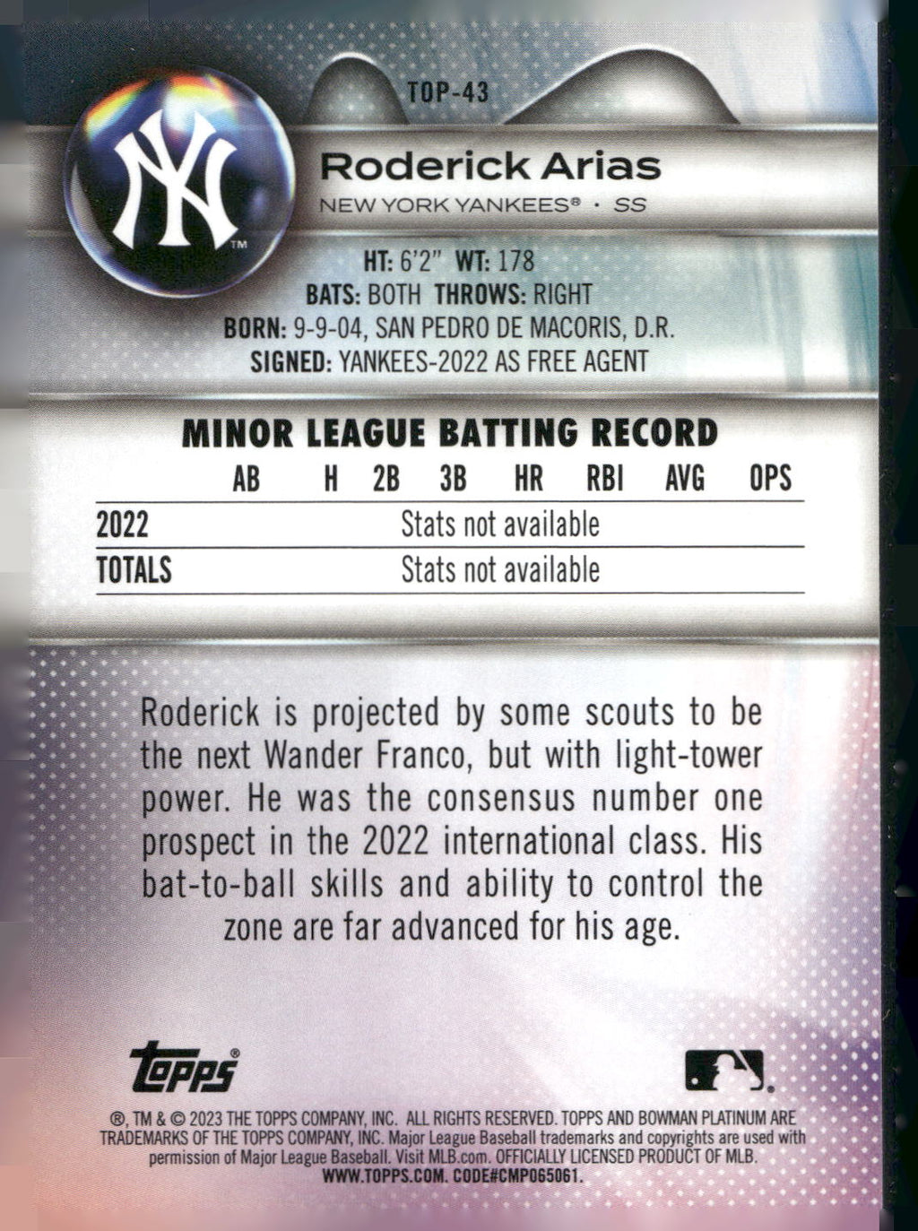 2023 Bowman Platinum #TOP-43 Roderick Arias Top Prospects Ice Foil
