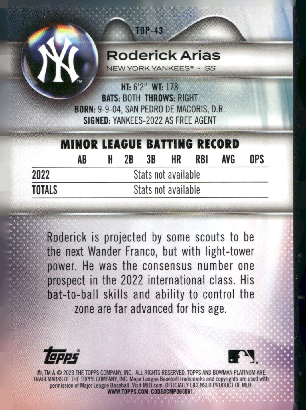 2023 Bowman Platinum #TOP-43 Roderick Arias Top Prospects Ice Foil
