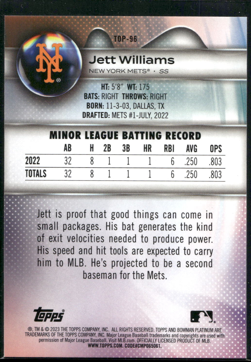 2023 Bowman Platinum #TOP-96 Jett Williams Top Prospects Ice Foil