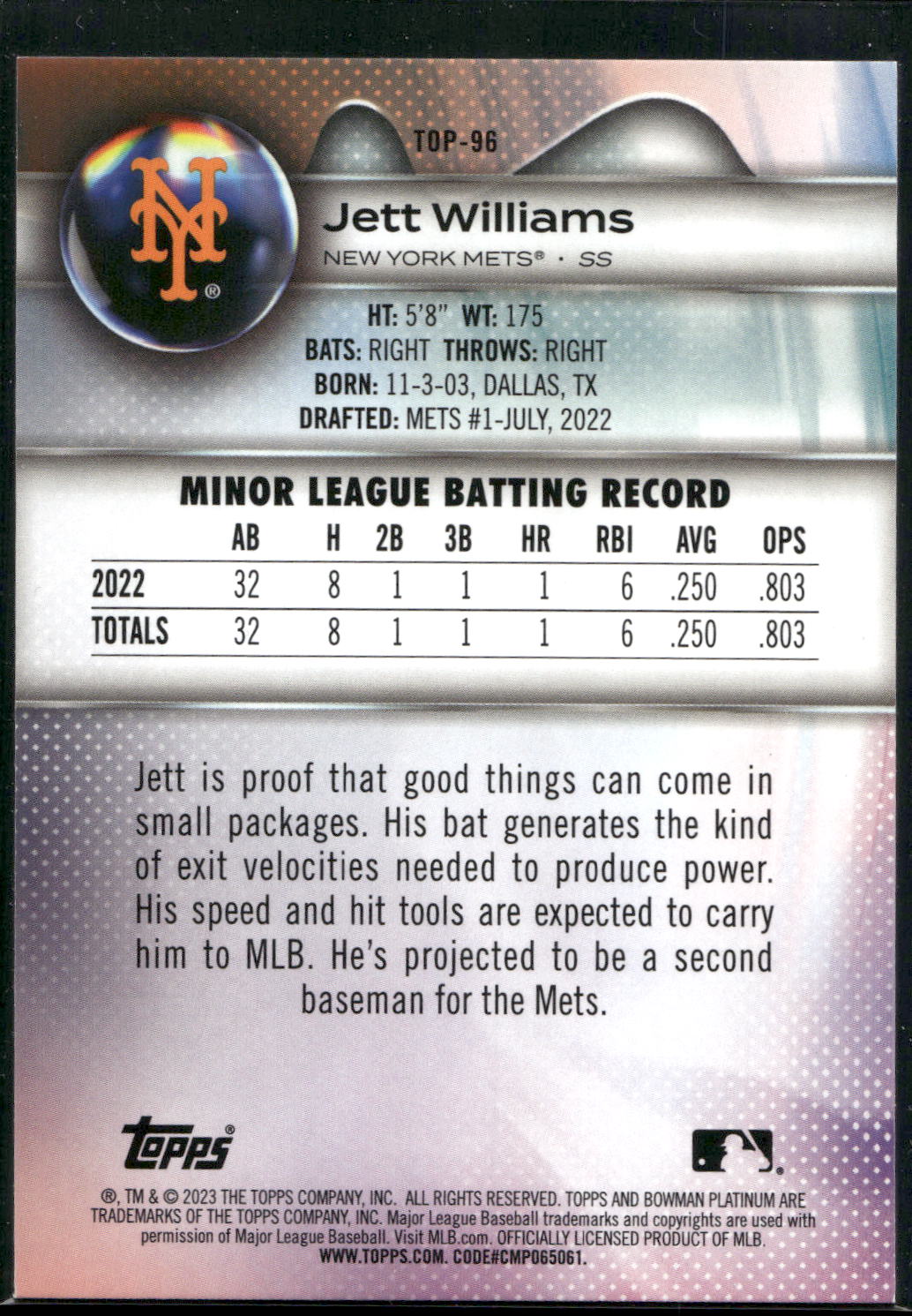 2023 Bowman Platinum #TOP-96 Jett Williams Top Prospects Ice Foil