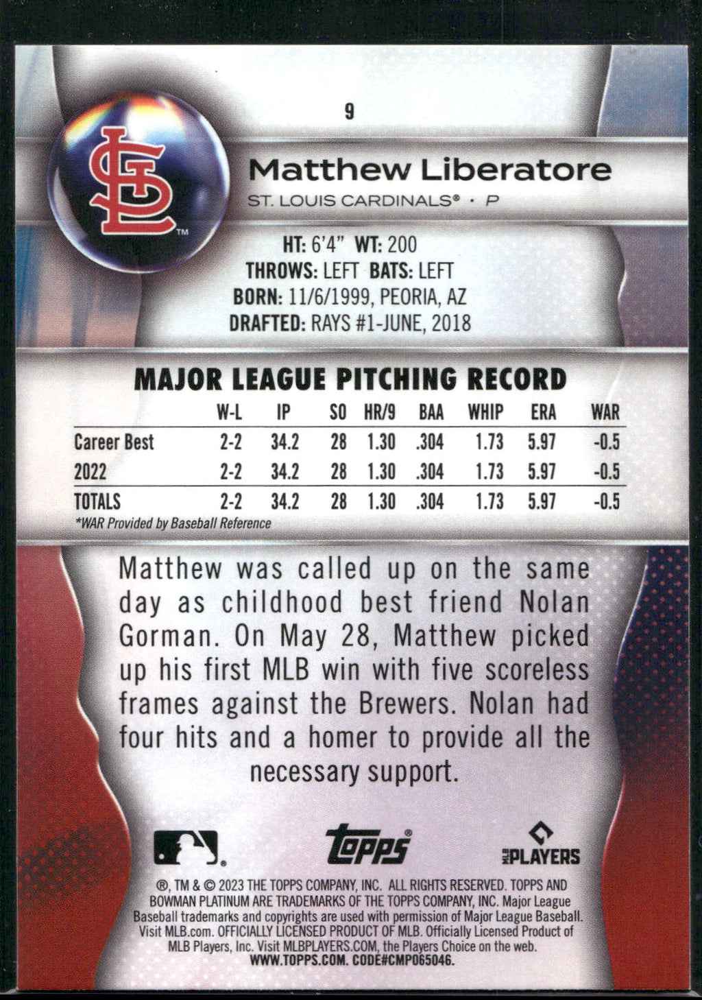 2023 Bowman Platinum #9 Matthew Liberatore Ice Foil