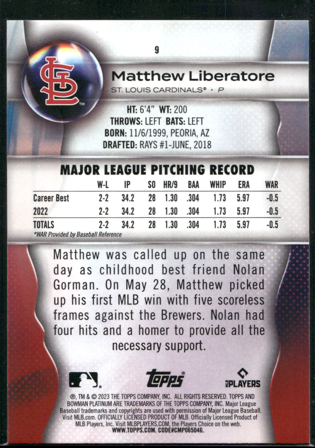 2023 Bowman Platinum #9 Matthew Liberatore Ice Foil