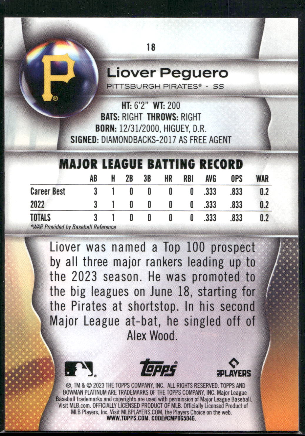 2023 Bowman Platinum #18 Liover Peguero Ice Foil