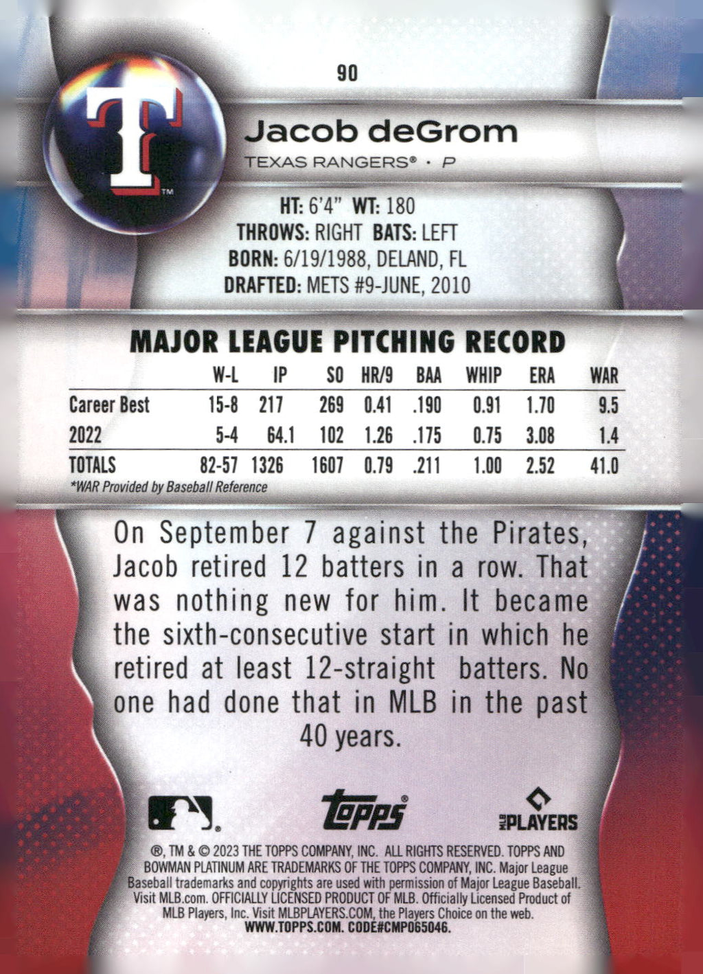 2023 Bowman Platinum #90 Jacob deGrom Ice Foil