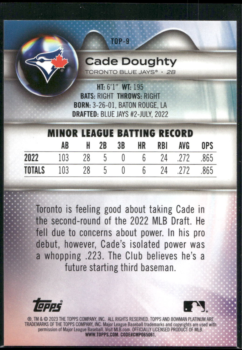 2023 Bowman Platinum #TOP-9 Cade Doughty Top Prospects Ice Foil