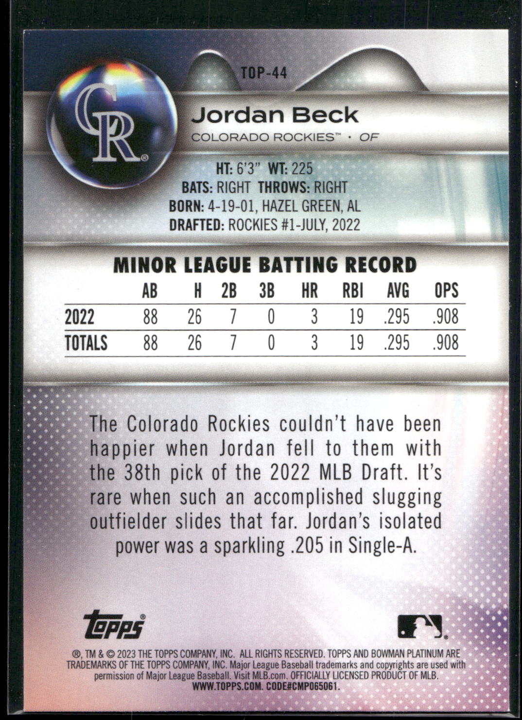 2023 Bowman Platinum #TOP-44 Jordan Beck Top Prospects Ice Foil