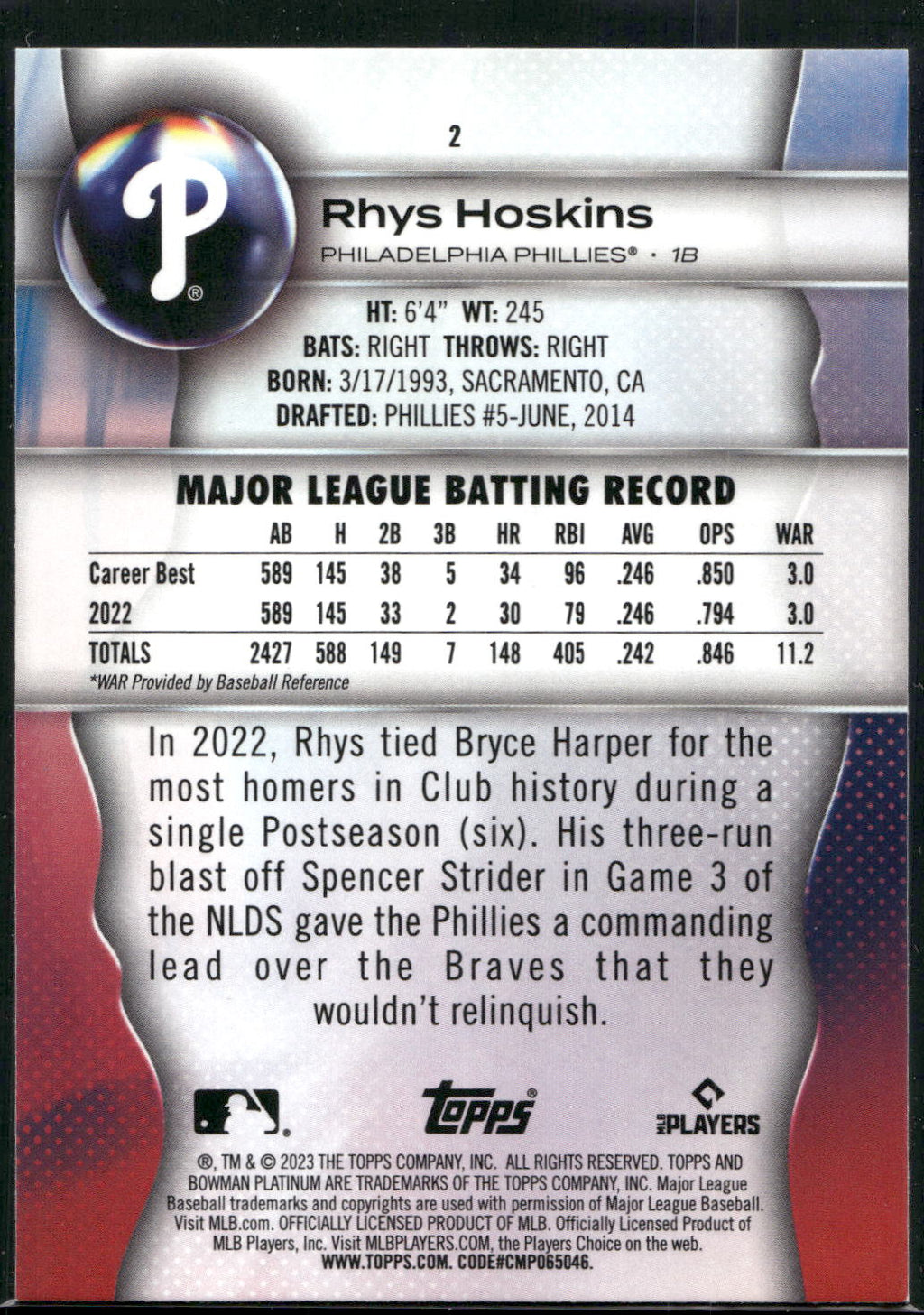 2023 Bowman Platinum #2 Rhys Hoskins Ice Foil