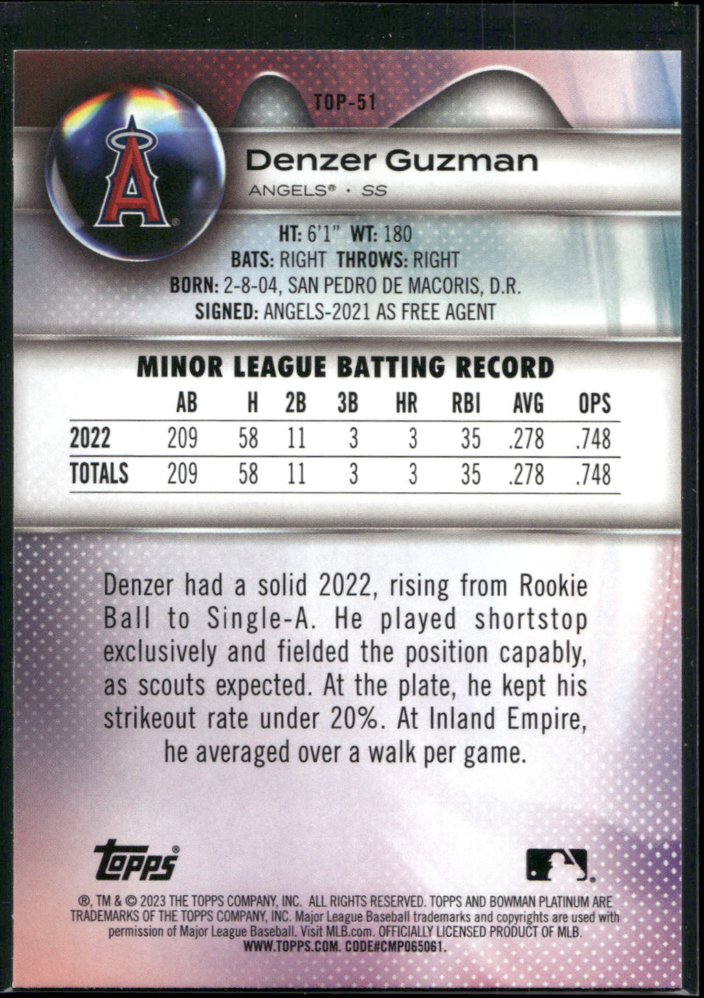 2023 Bowman Platinum #TOP-51 Denzer Guzman Top Prospects Ice Foil