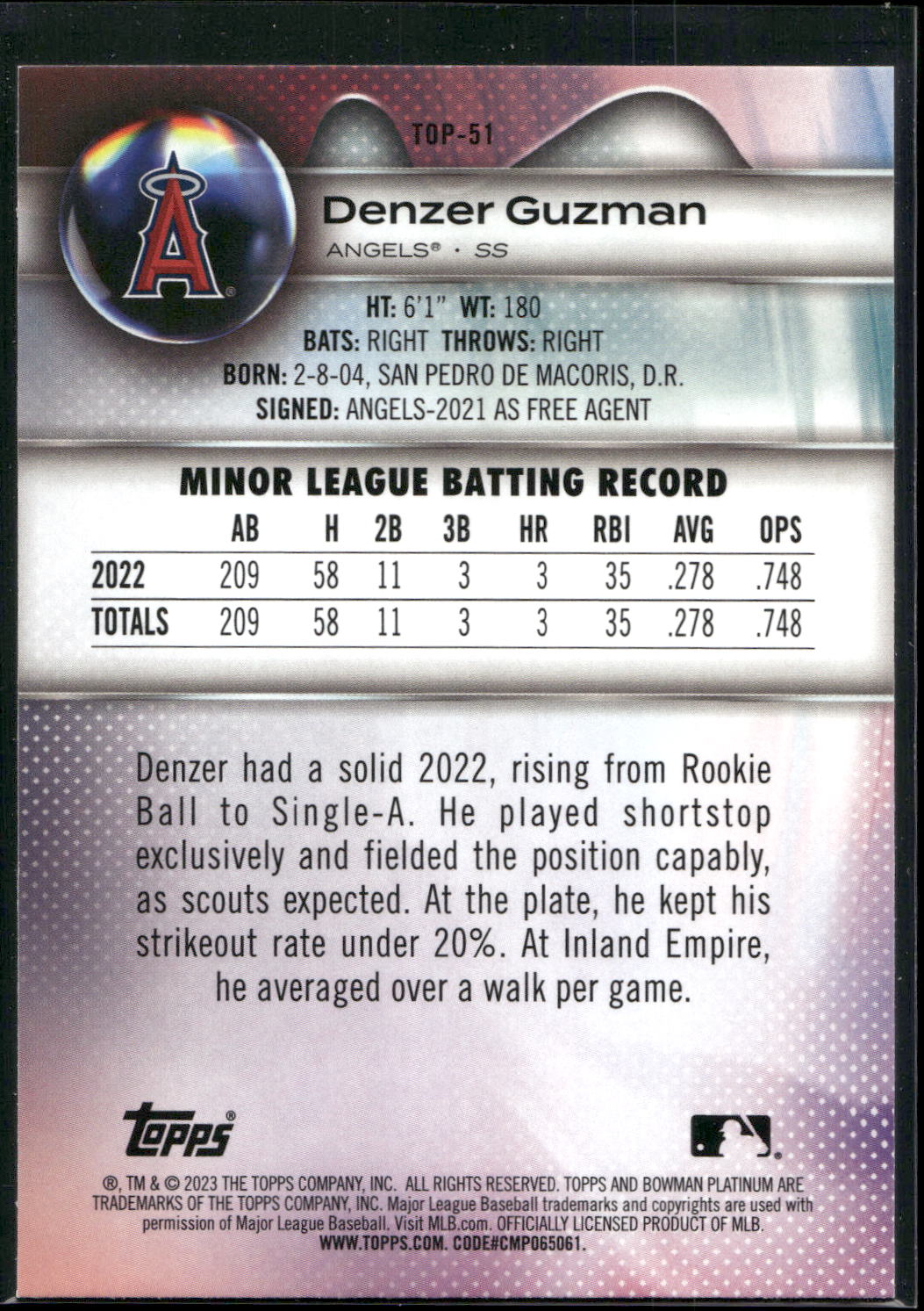 2023 Bowman Platinum #TOP-51 Denzer Guzman Top Prospects Ice Foil