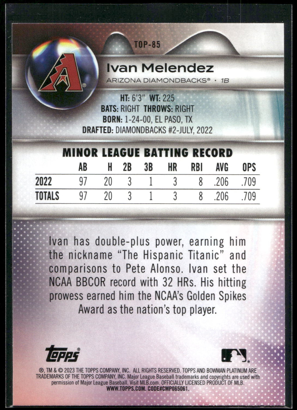 2023 Bowman Platinum #TOP-85 Ivan Melendez Top Prospects Ice Foil