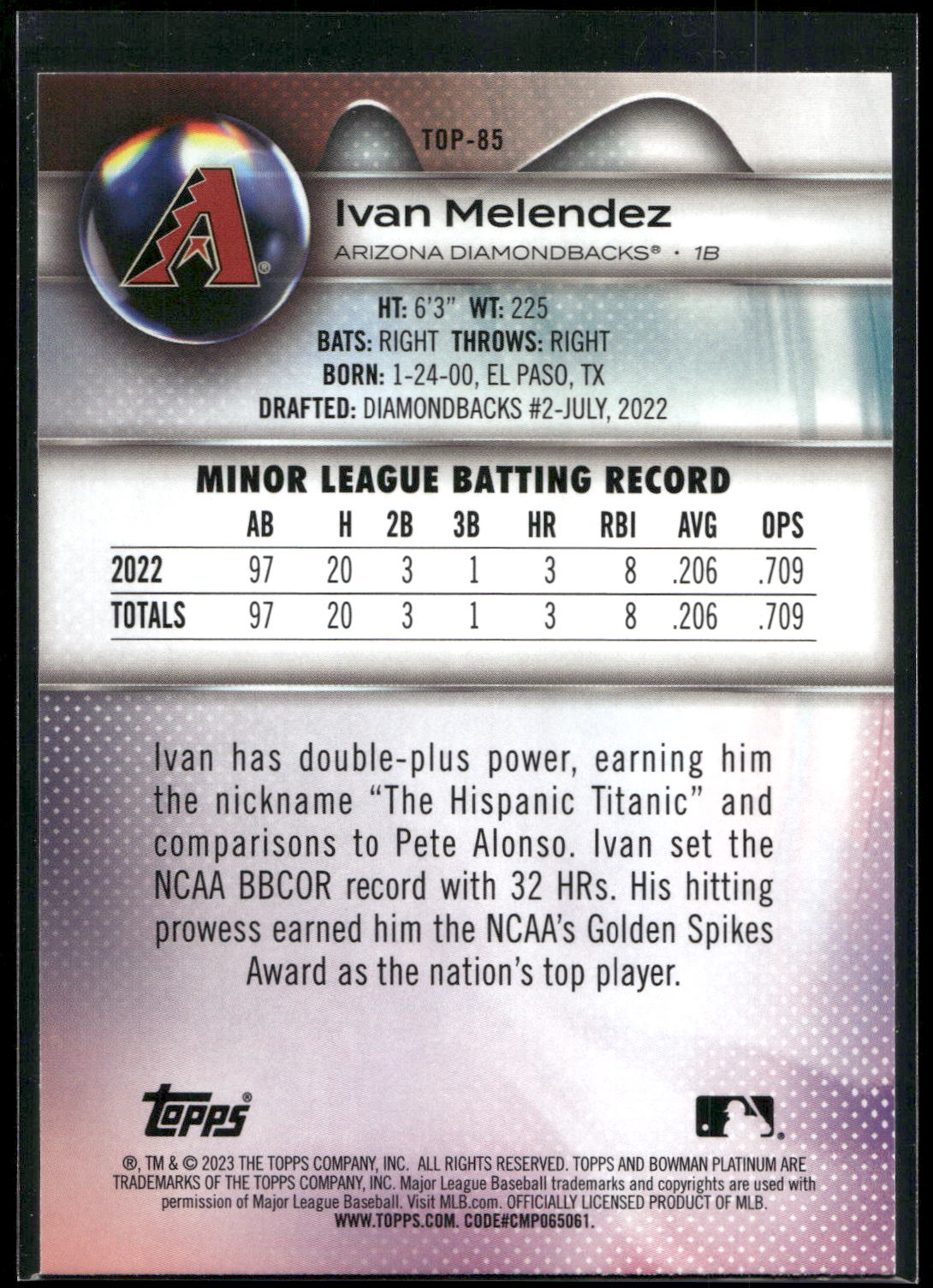 2023 Bowman Platinum #TOP-85 Ivan Melendez Top Prospects Ice Foil