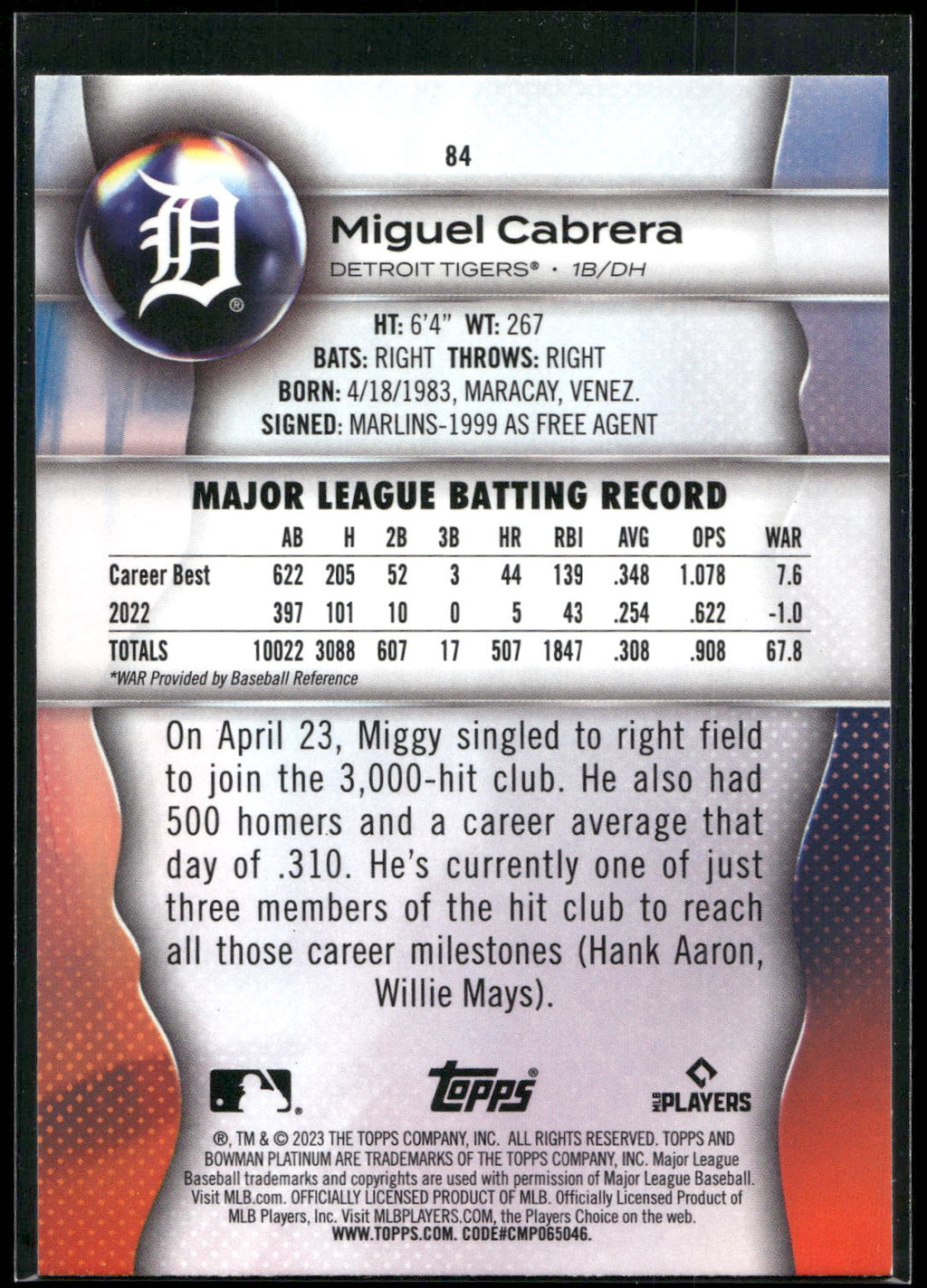 2023 Bowman Platinum #84 Miguel Cabrera Ice Foil