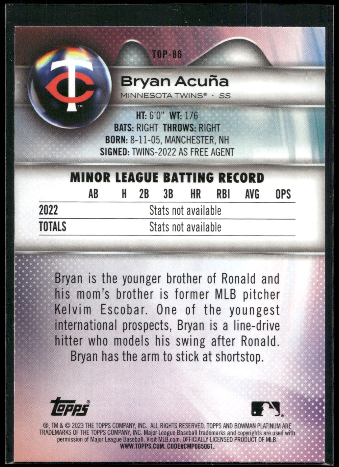 2023 Bowman Platinum #TOP-86 Bryan Acuña Top Prospects Ice Foil