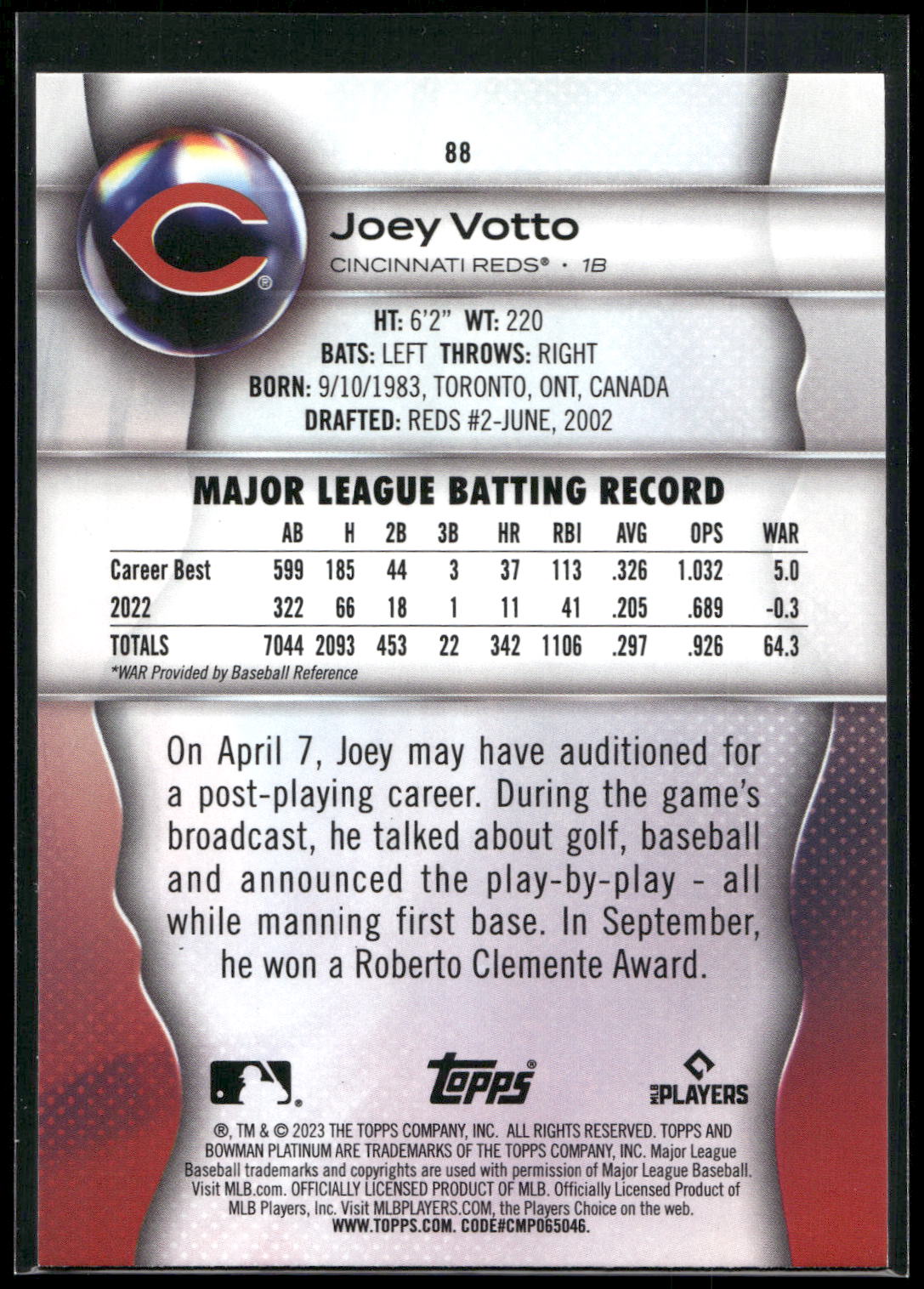 2023 Bowman Platinum #88 Joey Votto Ice Foil