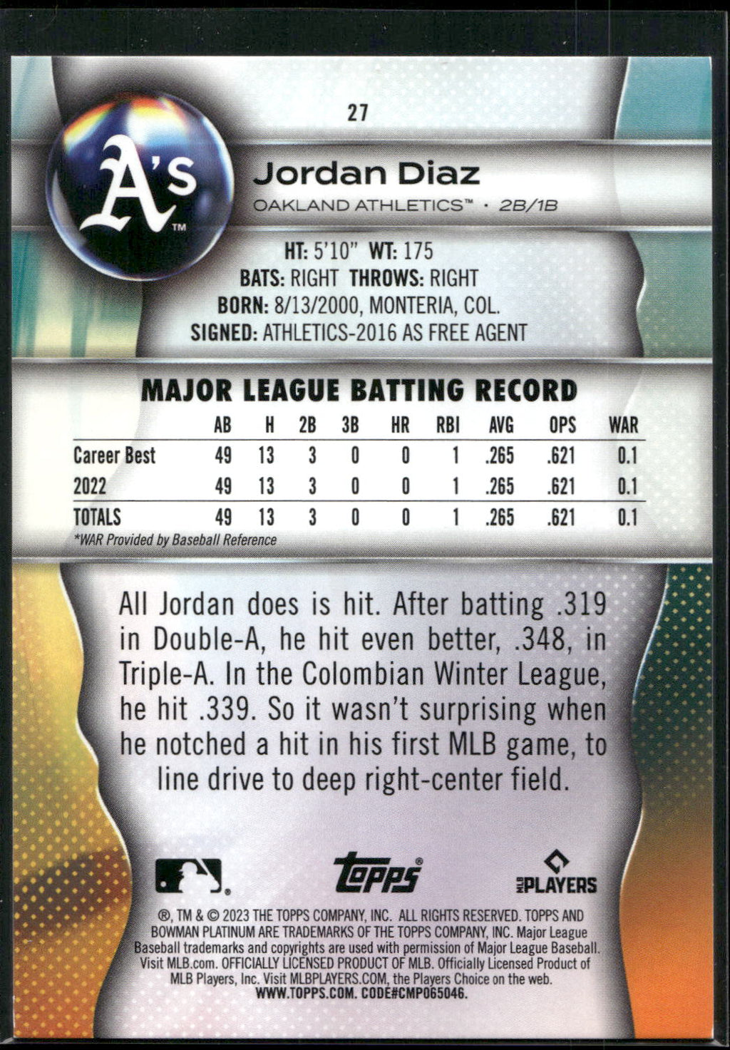 2023 Bowman Platinum #27 Jordan Diaz Ice Foil
