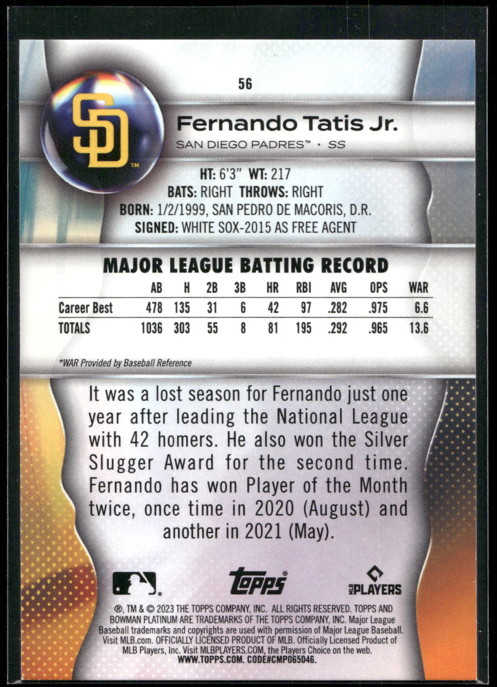 2023 Bowman Platinum #56 Fernando Tatis Jr. Ice Foil
