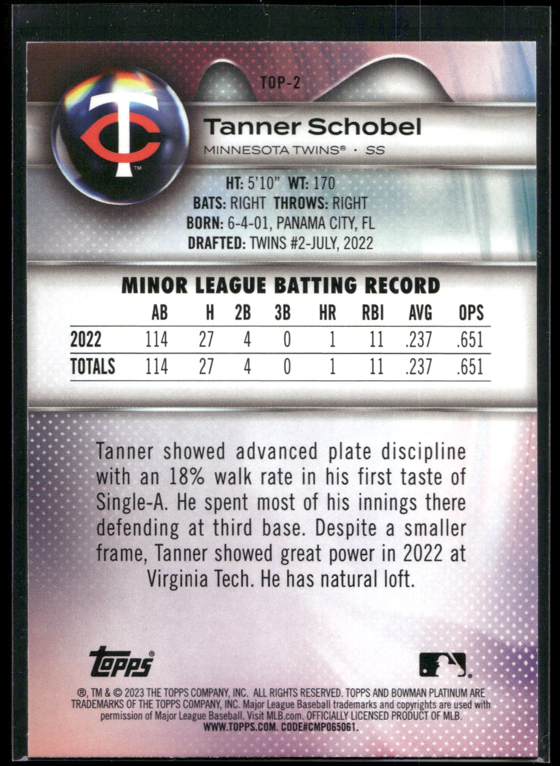 2023 Bowman Platinum #TOP-2 Tanner Schobel Top Prospects Ice Foil