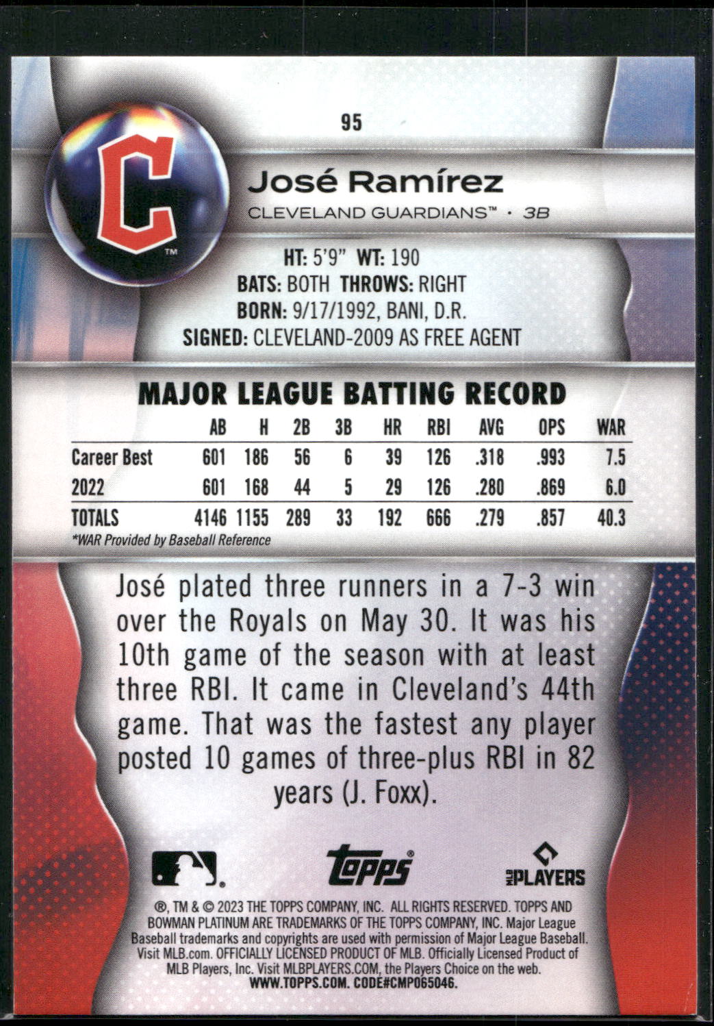 2023 Bowman Platinum #95 José Ramírez Ice Foil