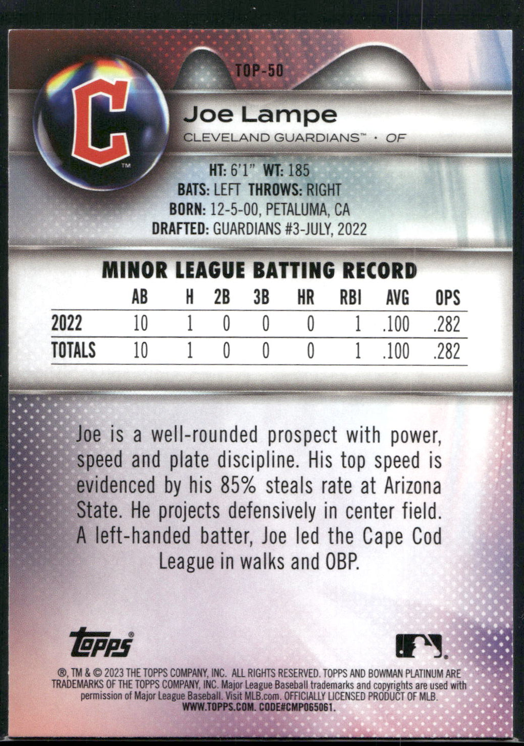 2023 Bowman Platinum #TOP-50 Joe Lampe Top Prospects Ice Foil