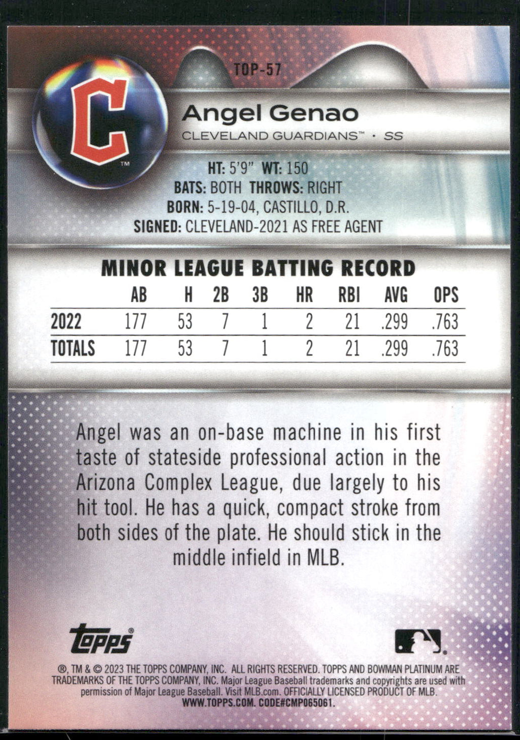 2023 Bowman Platinum #TOP-57 Angel Genao Top Prospects Ice Foil