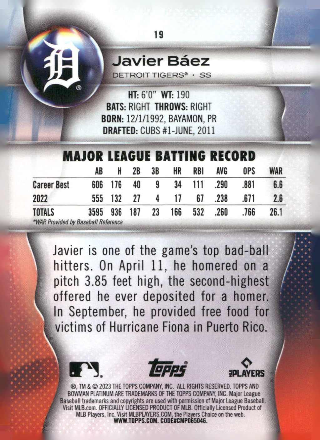 2023 Bowman Platinum #19 Javier Báez Ice Foil