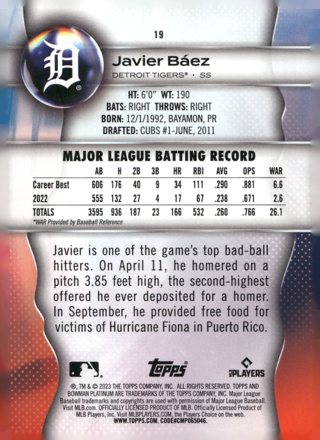 2023 Bowman Platinum #19 Javier Báez Ice Foil