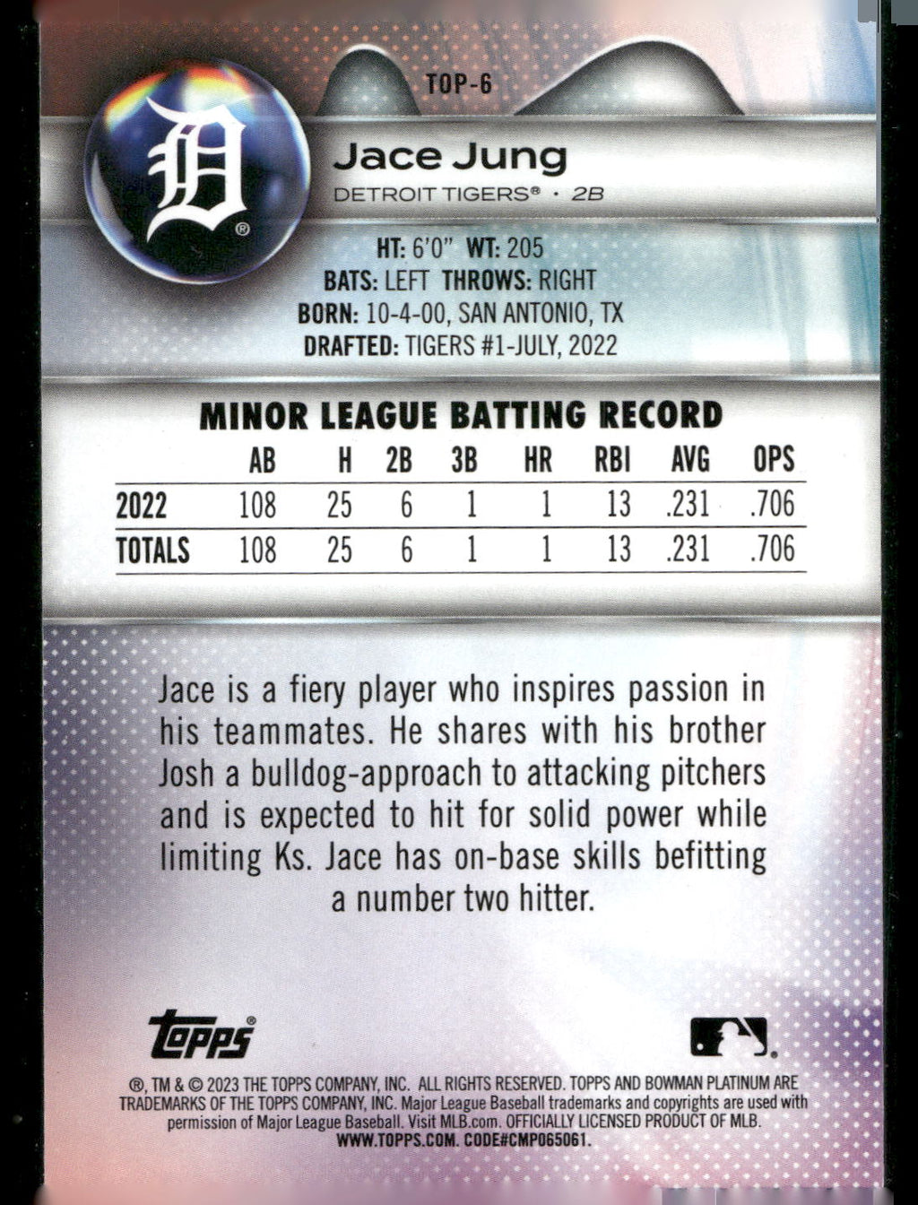 2023 Bowman Platinum #TOP-6 Jace Jung Top Prospects