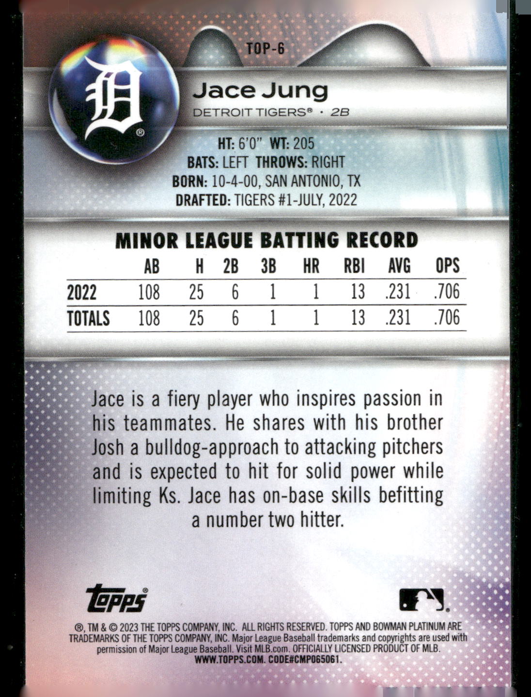 2023 Bowman Platinum #TOP-6 Jace Jung Top Prospects