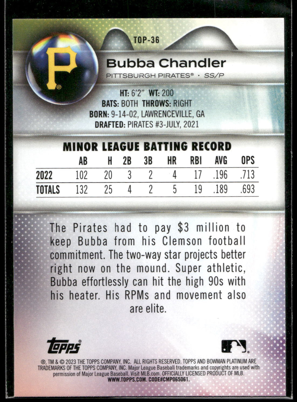2023 Bowman Platinum #TOP-36 Bubba Chandler Top Prospects