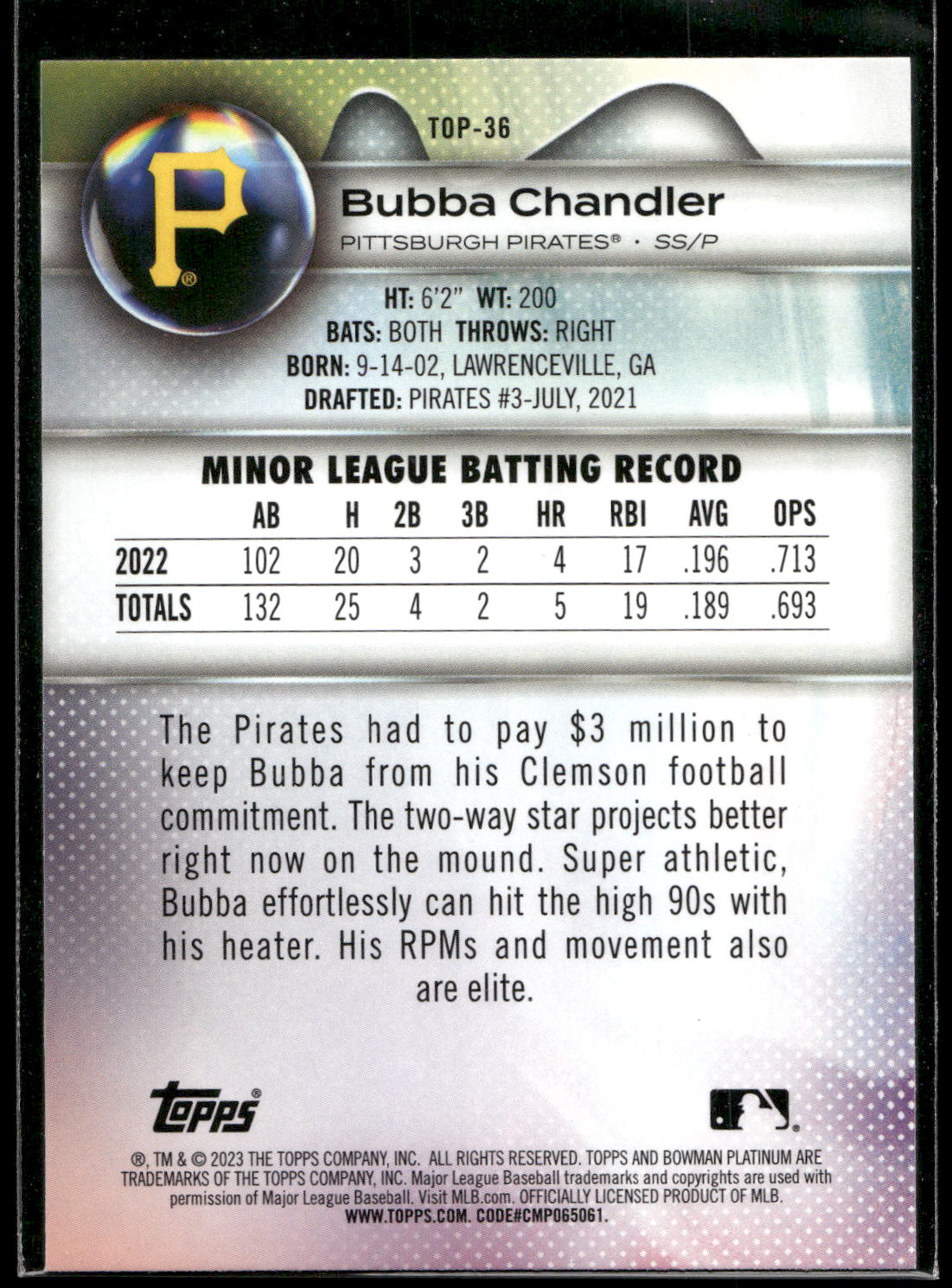 2023 Bowman Platinum #TOP-36 Bubba Chandler Top Prospects