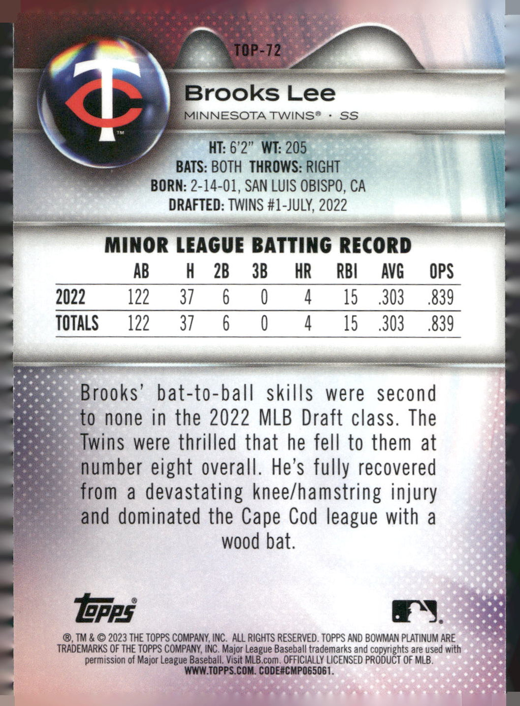 2023 Bowman Platinum #TOP-72 Brooks Lee Top Prospects