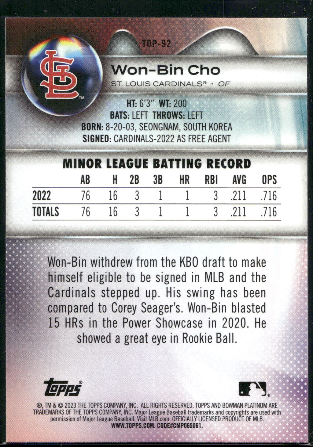 2023 Bowman Platinum #TOP-92 Won-Bin Cho Top Prospects