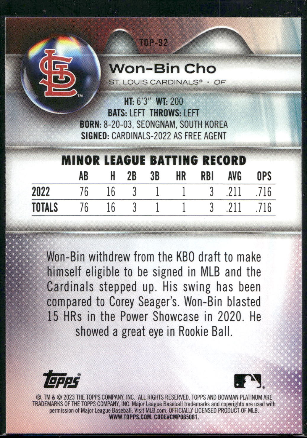 2023 Bowman Platinum #TOP-92 Won-Bin Cho Top Prospects