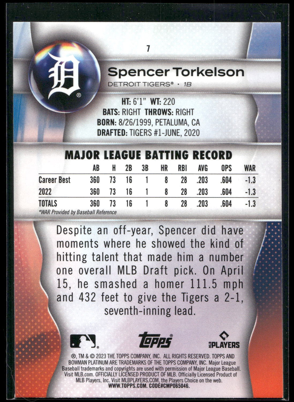 2023 Bowman Platinum #7 Spencer Torkelson