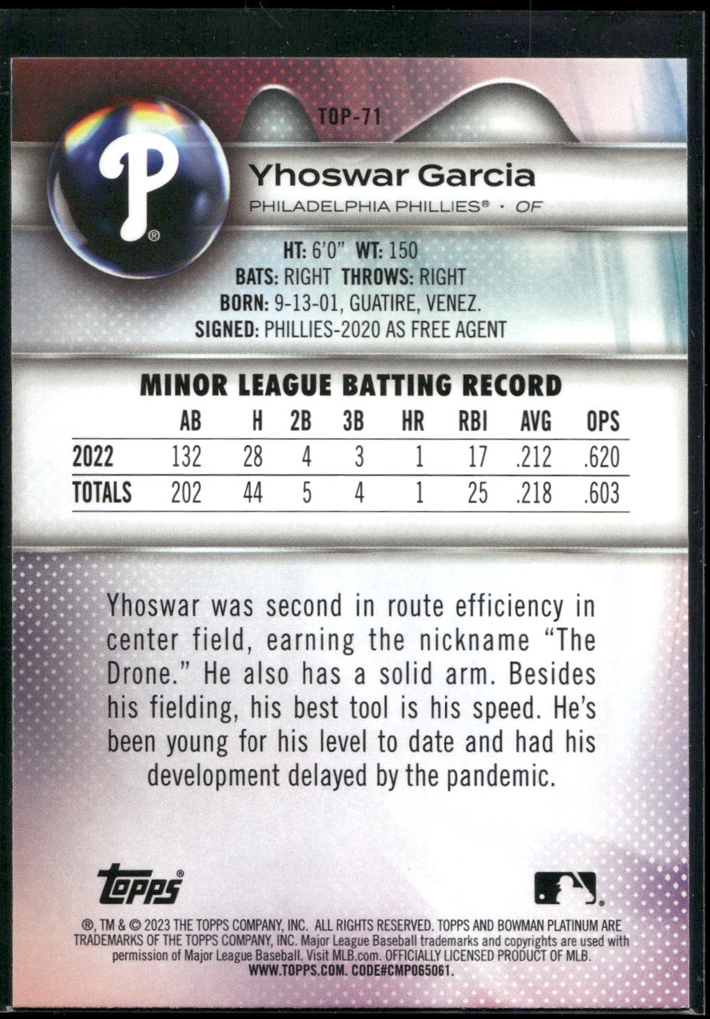 2023 Bowman Platinum #TOP-71 Yhoswar Garcia Top Prospects