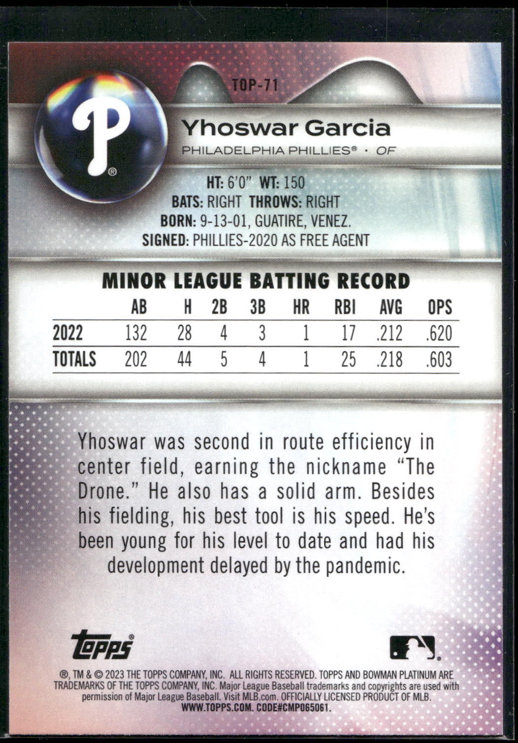 2023 Bowman Platinum #TOP-71 Yhoswar Garcia Top Prospects