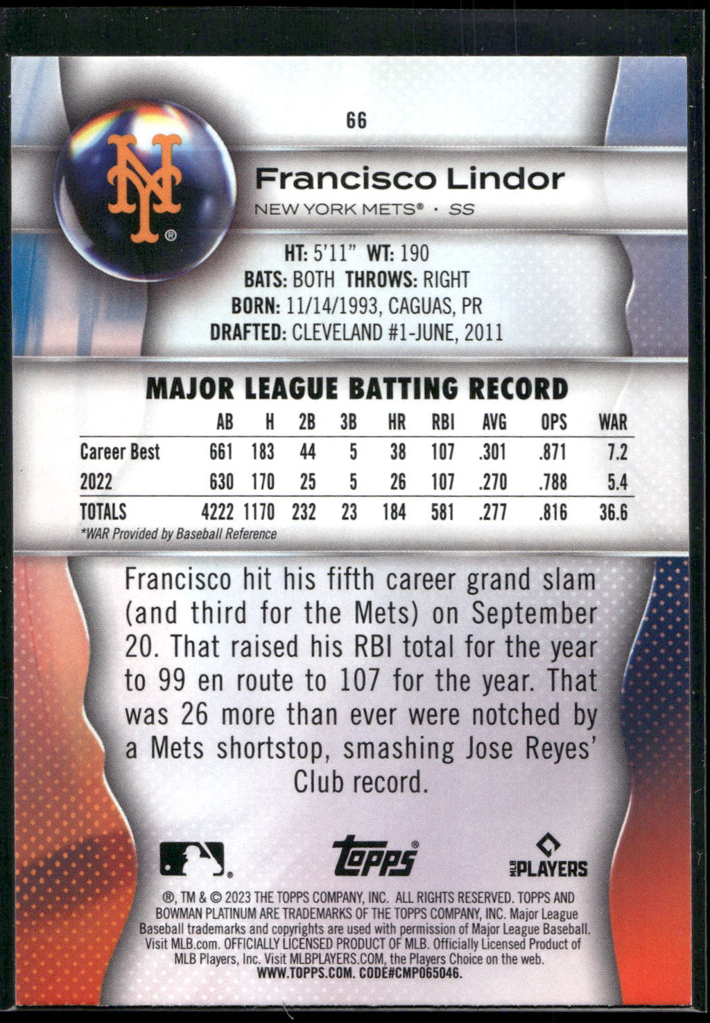 2023 Bowman Platinum #66 Francisco Lindor