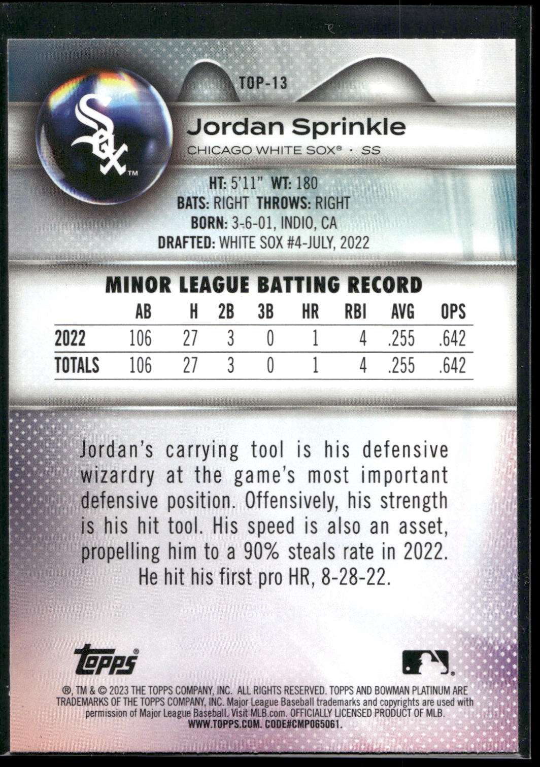 2023 Bowman Platinum #TOP-13 Jordan Sprinkle Top Prospects